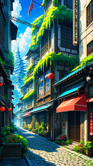 狹窄的街道兩旁是傳統的日本建築，覆蓋著綠色植物和紅色燈籠。 — 建築 壁紙