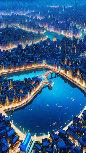 未來城市夜景，發光的藍色和金色燈光反射在蜿蜒的河流上，河流上有橋樑和船隻。 — 建築 壁紙