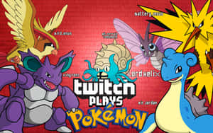 Twitch Plays Pokémon 標誌，周圍環繞卡通寶可夢角色，背景為紅色故障效果。 — 可愛寵物小精靈 壁紙