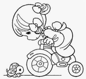 騎三輪車的女孩與烏龜同伴（線條藝術風格）
