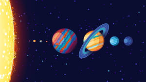 在星空太空中圍繞明亮太陽運行的彩色卡通行星。 — 行星 壁紙