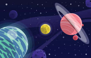 在繁星點點的太空場景中運行的彩色卡通行星和衛星。 — 可愛卡通 壁紙