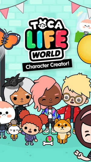 Toca Life World 角色創建器，包含多樣化的卡通兒童和一隻狗在派對中。 — Toca boca GIF 壁紙