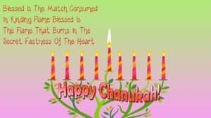 在漸變背景上，以卡通 menorah 和點燃的蠟燭傳達 Chanukah 快樂的祝福。 — iMac 壁紙
