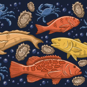 在深藍色海洋中帶有氣泡的彩色卡通魚、蟹和生蠔。 — 1:1 壁紙