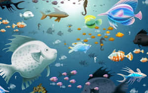 色彩繽紛的卡通魚和海洋生物在陽光照耀的海洋中游動。 — MacBook Pro M1 壁紙