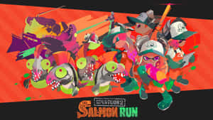 穿著裝備的魷魚角色在色彩繽紛的遊戲場景中與魚怪戰鬥。 — Splatoon GIF 壁紙
