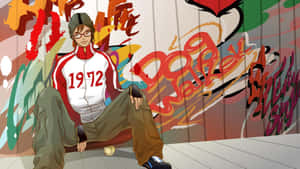 動漫青少年穿著1972年外套坐在色彩繽紛的塗鴉牆前。