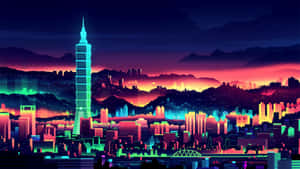 夜晚霓虹燈照亮台北天際線，閃爍的建築物和山脈背景。