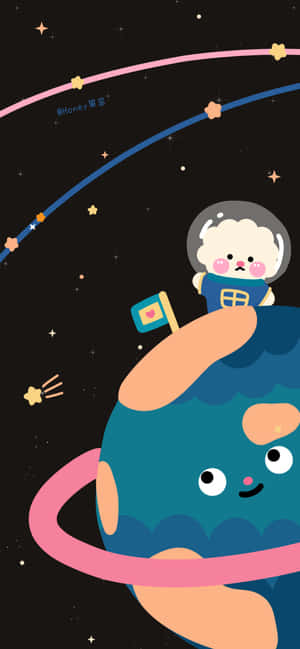 一個卡通太空人在一個有環的微笑行星上，背景是星空。