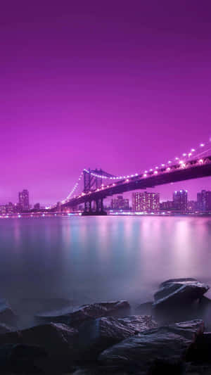 夜間城市天際線背景下，紫色燈光照亮的橋樑和水面。