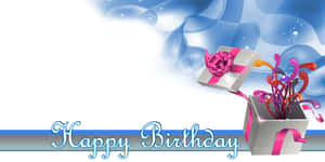 Happy Birthday 文字，帶有禮物盒和五彩紙屑，背景為藍色漩渦