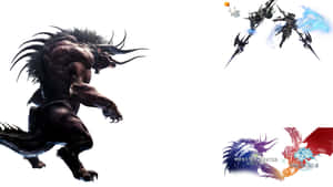 Monster Hunter 遊戲藝術，展示一隻野獸和機械獵人在戰鬥中。