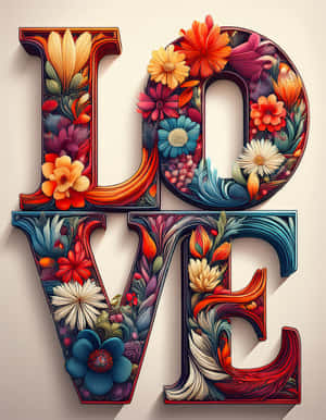 米色背景上，3D字母「LOVE」充滿了色彩繽紛的花朵和樹葉。