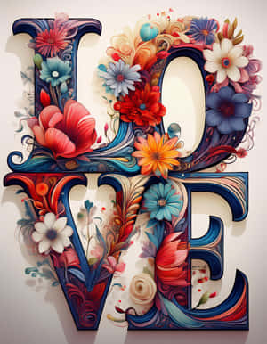 3D字母「LOVE」覆蓋著色彩繽紛的花朵和旋轉圖案。