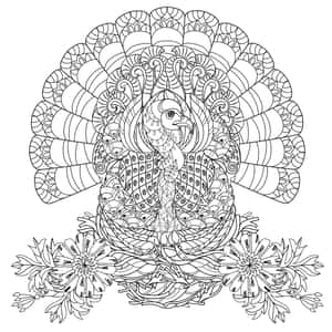 一隻風格化的孔雀，帶有複雜的圖案和周圍的花朵，以黑白線條藝術呈現。