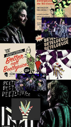 Beetlejuice 電影海報拼貼畫，包含鬼魂角色和宣傳藝術品。