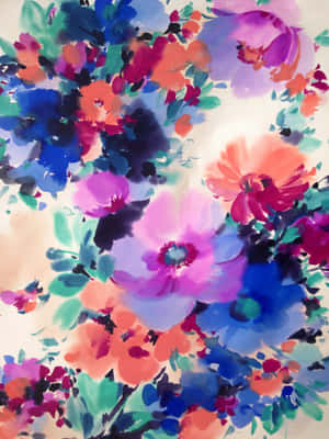 藍色、粉紅色和橙色的抽象花朵的鮮豔水彩畫。 — iPad Pro 12.9 壁紙