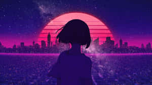 動漫女孩在星空下觀看粉紅色夕陽照耀著城市天際線。 — 粉紅動漫美學 壁紙