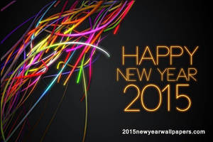 Happy New Year 2015 帶有彩色霓虹條紋和黑暗背景上的發光文字
