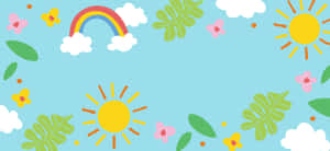 兩個太陽、彩虹、雲朵、樹葉和花朵，背景是淺藍色。 — 曼達洛人 GIF 壁紙