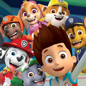 Paw Patrol 小狗團隊和萊德穿著救援裝備一起微笑。