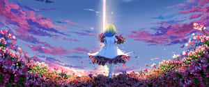 動漫女孩白色連衣裙站在粉紅花田下發光天空
