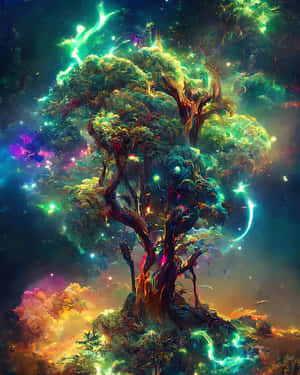 一棵發光的宇宙樹，在星雲中帶有充滿活力的能量根和枝條。