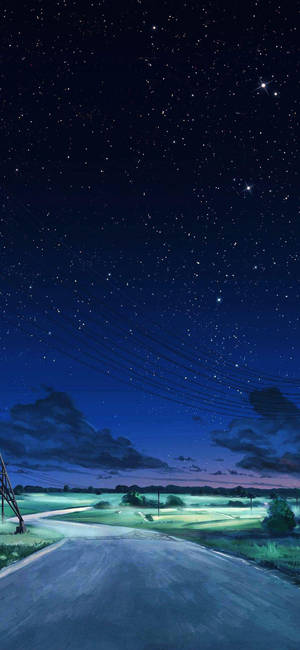 星空下寧靜的道路，發光的雲朵和電線。