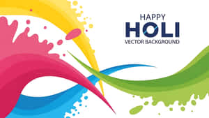 充滿活力的顏料飛濺，以粉紅、黃、藍、綠色圍繞文字 Happy Holi Vector Background 旋轉 — 黃色 壁紙