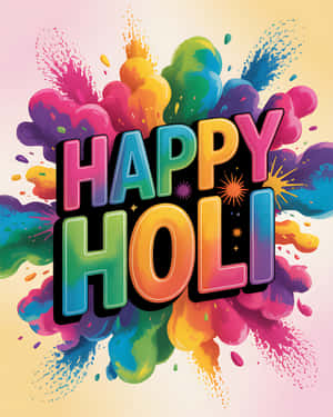 在粉彩背景上，Happy Holi 文字被色彩繽紛的顏料噴濺環繞
