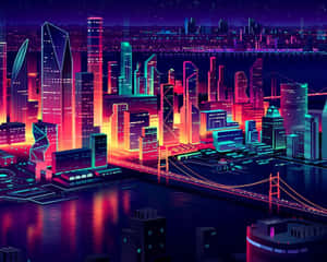 未來城市夜景，霓虹燈光倒映在水面上。