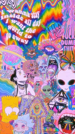 鮮豔的迷幻拼貼畫， featuring 外星人卡通角色和超現實符號。 — 塗鴉 壁紙
