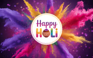 Happy Holi 節日圖形，帶有彩色粉末爆炸和裝飾性罐子設計。