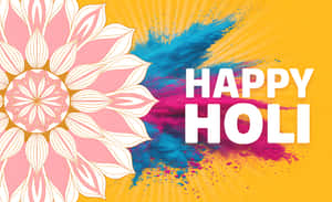 Happy Holi 賀卡，在黃色背景上帶有彩色粉末飛濺和粉白色曼陀羅花