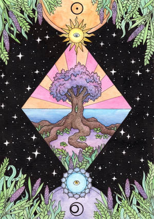 太陽、月亮和星星下被薰衣草植物包圍的紫色葉子神秘樹木。