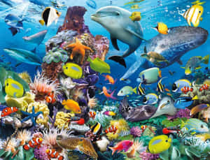 色彩繽紛的珊瑚礁，熱帶魚和海豚在水下游泳。 — 珊瑚 壁紙
