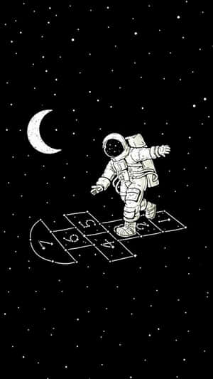 太空人在有新月的星空夜晚玩跳飛機。
