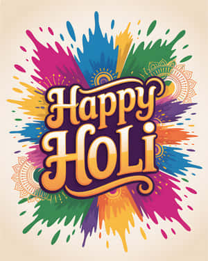 Happy Holi 節日祝福，搭配多彩顏料飛濺和曼陀羅圖案。