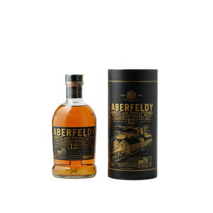Aberfeldy 12年威士忌酒瓶和管，帶有金色字體和酒廠插圖。