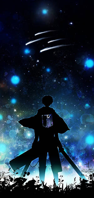 動漫戰士剪影手持劍，在發光的藍色星空下，有流星。