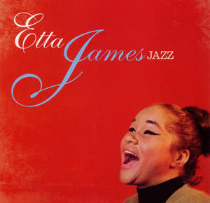 Etta James在帶有藍色和白色文字的紅色紋理專輯封面上演唱爵士樂。 — 紅色 壁紙