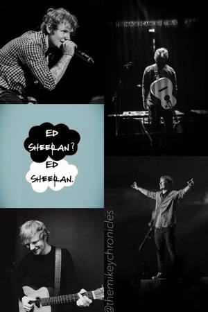 Ed Sheeran 在舞台上以結他和咪高峰現場表演的黑白照片。