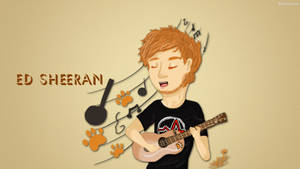 Ed Sheeran 彈結他，周圍有音符和腳印。