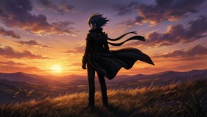動漫角色穿著黑色外套站在山丘上觀看山脈上的日落。 — 16:9 壁紙