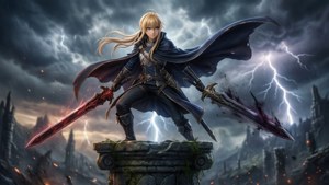 動漫戰士在雷暴中手持兩把發光劍站在石製基座上。 — 桐人 壁紙