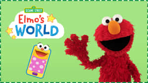 Elmo 喺一個微笑嘅卡通電話旁邊，帶住 'Elmo's World' 標誌揮手。