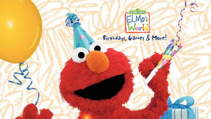 Elmo 戴著派對帽，拿著派對喇叭，附近有氣球和禮物。