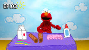 Elmo 喺有雲嘅晴朗天空下，喺枱邊食零食。