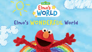 Elmo 喺明亮藍天中嘅太陽同彩虹下舉起雙臂微笑。
